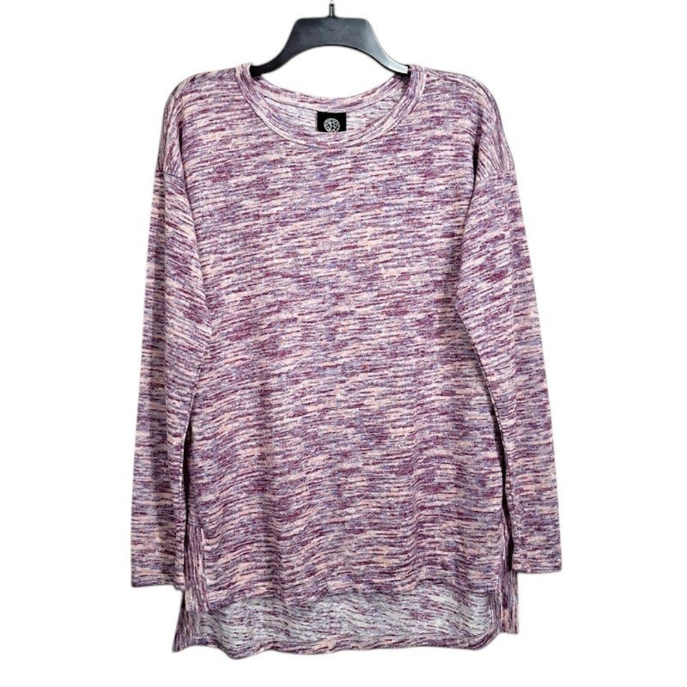 Bobeau Top Medium Purple Space Dye Crew Neck Long Sleeve Oversized High-Low Soft